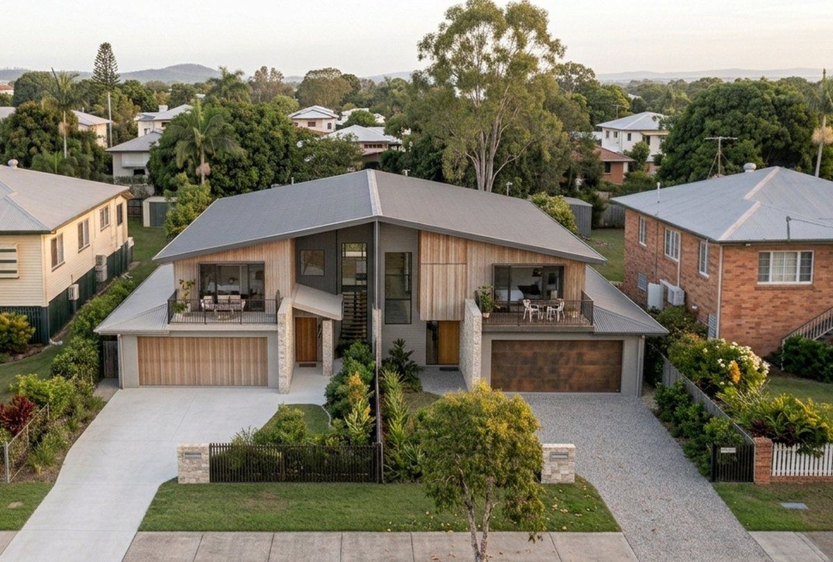 A contemporary two-storey duplex: two separate entries, two driveways and two garages under one continuous roofline